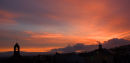 Sunrise over Fishguard, St. Mary's Church bell tower and the town hall